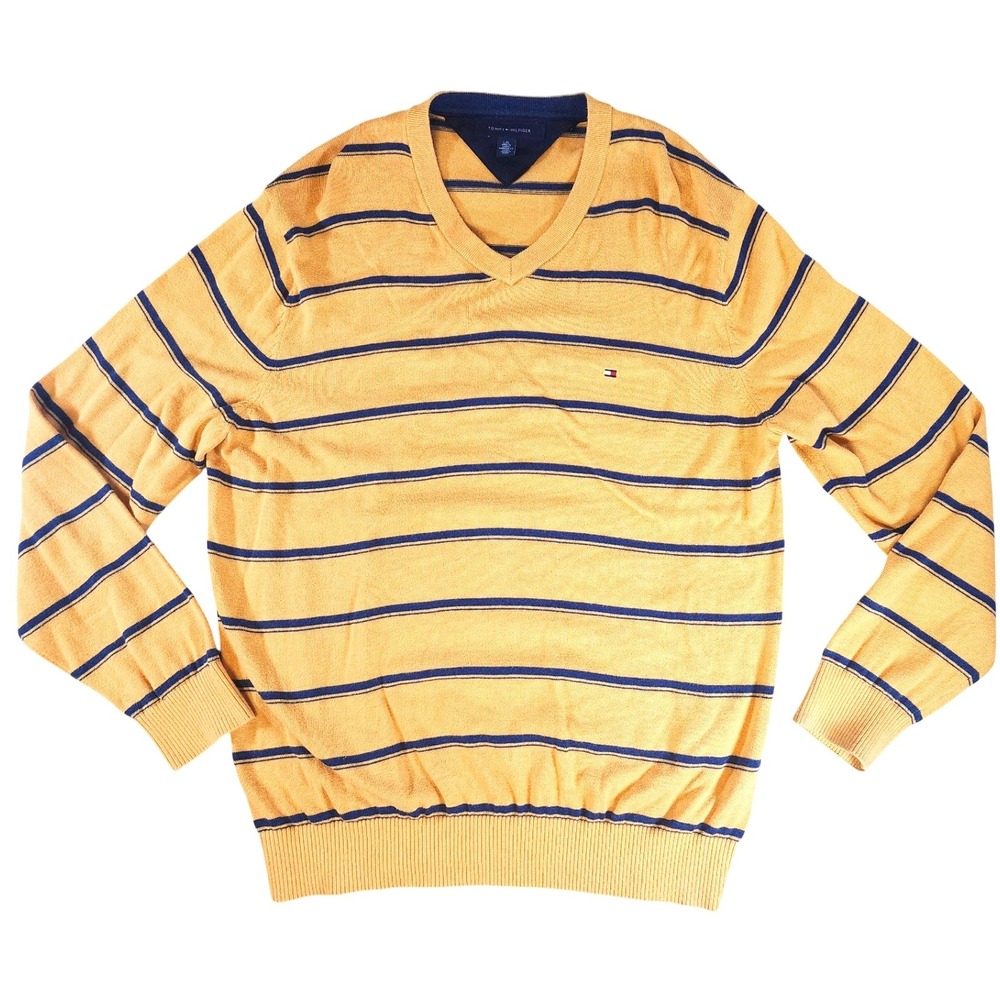 Tommy Hilfiger Mens V Neck Striped Sweater Size Large Yellow Navy Long Sleeve